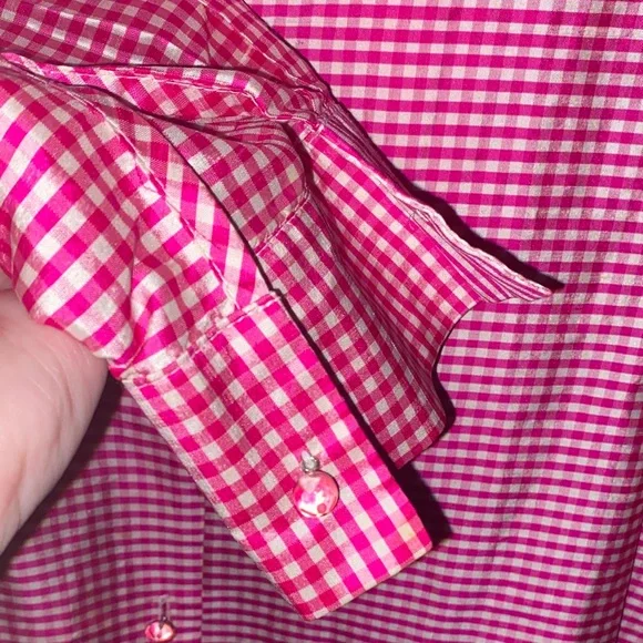 Pink Gingham Shirt 100% Silk with Jelly Bean Laser Etched Flower buttons - Picture 6 of 6